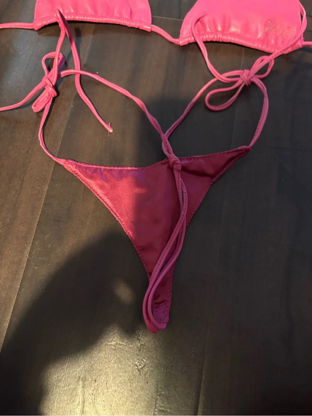 Y2K vintage hustler Hot Pink leather Triangle String Bikini Set Women Swim nwot